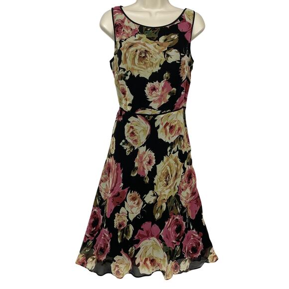 VTG Talbots Petites Pure Silk Dress 10P Black Dark Floral Sheath Whimsigoth 90S - Picture 1 of 13